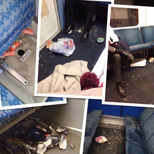 photographs showing the mess on Abellio Greater Anglia trains