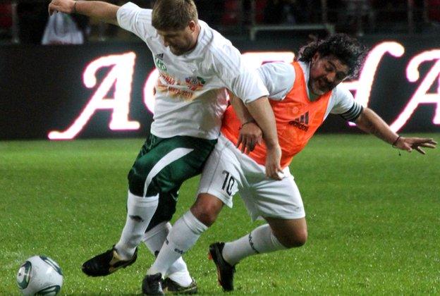 Ramzan Kadyrov plays football with Diego Maradona in 2011