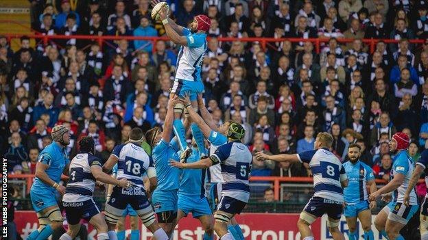 Warriors lock Jonathan Thomas wins a line-out in Warriors' Championship play-off final first-leg triumph at Ashton Gate