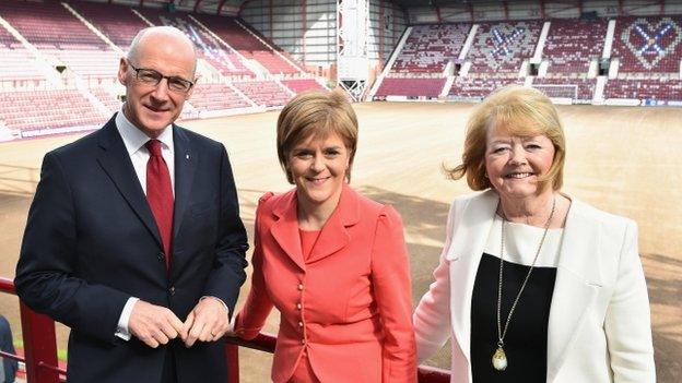 Ann Budge (right) joined John Swinney and Nicola Sturgeon at Tynecastle Stadium.