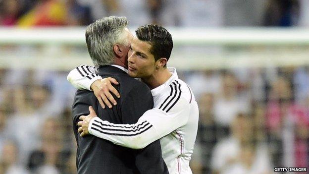 Cristiano Ronaldo hugs Ancelotti