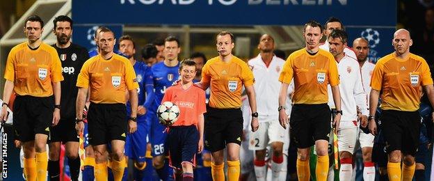 Willie Collum (centre) led a team of Scottish officials for the second leg of Juventus v Monaco