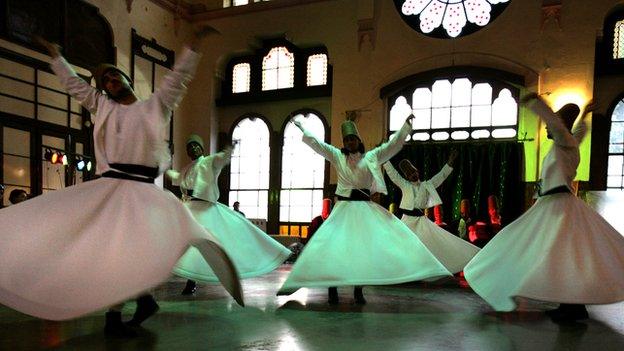 Whirling dervishes perform The Sema (Whirling Ceremony) in Istanbul on 25 July 2007.