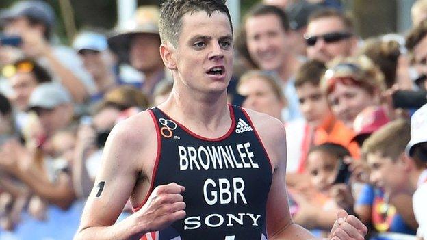 Jonny Brownlee celebrates winning on Australia's Gold Coast during this year's World Triathlon Series