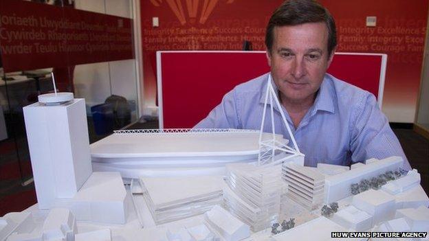 WRU chief executive Roger Lewis and a model of the planned Millennium stadium development