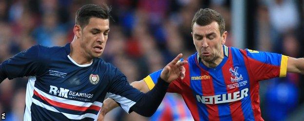 Dundee"s Luka Tankulic battles for possession with Crystal Palace"s James McArthur