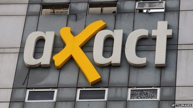 The logo of the Axact company is seen after a raid by the Federal Investigation Agency in Rawalpindi on 19 May
