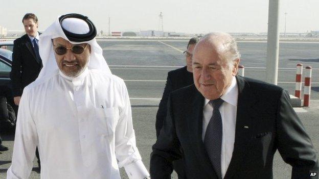 FIFA President Sepp Blatter, right, is welcomed by AFC president Mohammed bin Hammam upon his arrival in Doha, Qatar.