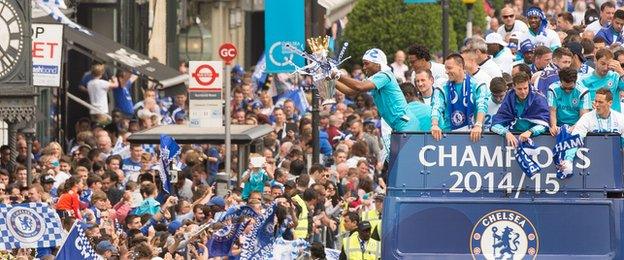 Chelsea celebrate on a bus