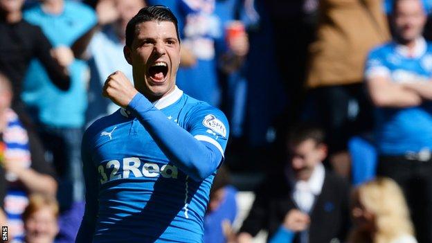 Haris Vuckic celebrates a goal for Rangers