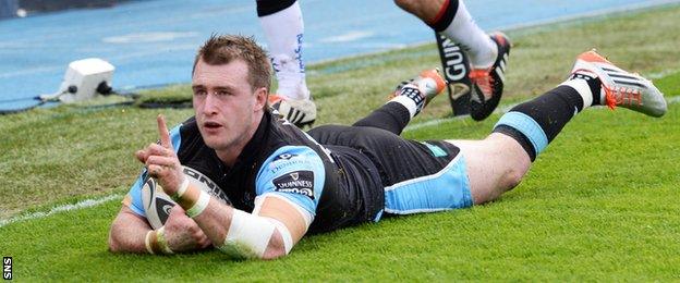 Glasgow Warriors' Stuart Hogg scores against Ulster