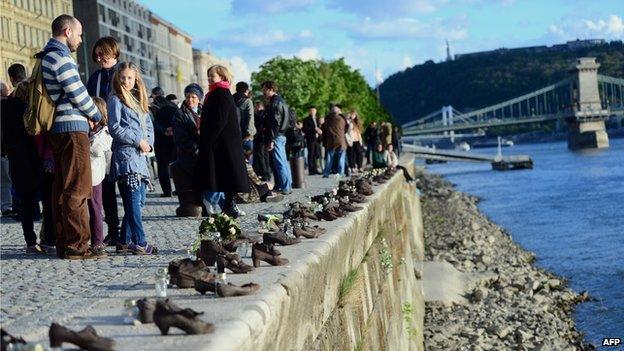 Iron shoes line the Danube as part of a Holocaust memorial