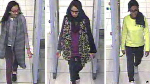 (left to right) Kadiza Sultana,16, Shamima Begum,15 and 15-year-old Amira Abase on CCTV at Gatwick airport