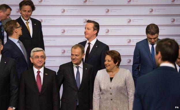 David Cameron with fellow EU leaders in Riga (22 May)