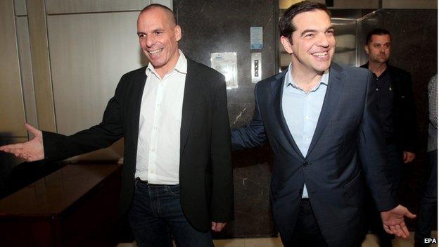 Alexis Tsipras (R) with Yanis Varoufakis