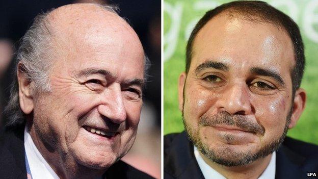 A composite file picture of FIFA President Joseph Blatter (L, taken on 23 March 2015 in Vienna, Austria) and Jordanian Prince Ali Bin Al Hussein (R, taken on 03 February 2015 in London, Britain)