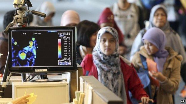 A thermal camera monitor shows the body temperature of passengers arriving from overseas against possible MERS, Middle East Respiratory Syndrome, virus at the Incheon International Airport in South Korea Thursday, 21 May 2015.