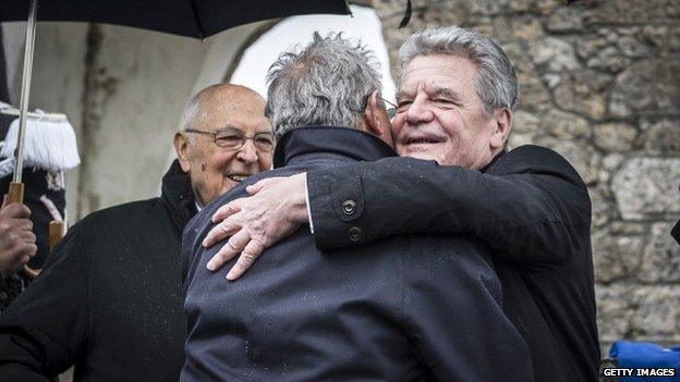 German President Joachim Gauck (R) visits survivor Enrico Pieri in 2013