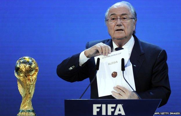 FIFA President Joseph Blatter holds up the name of Russia during the official announcement of the 2018 World Cup host country on December 2, 2010