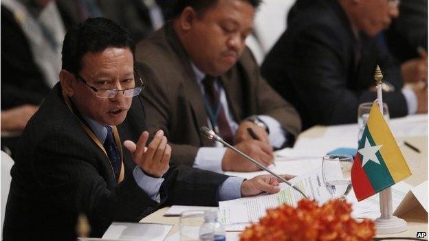 Htin Linn, the head of the Myanmar delegation, speaks at the "Special Meeting on Irregular Migration in the Indian Ocean" regarding the Rohingya and Bangladeshi migrant crisis at a hotel in Bangkok, Thailand, Friday, 29 May 2015.