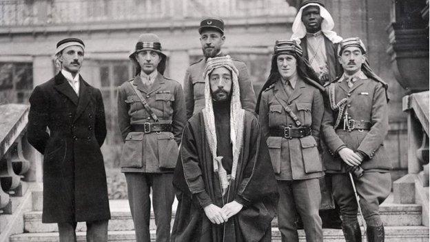 Emir Feisal (c) and TE Lawrence (middle row, 2nd from right) at Paris Peace Conference, 1919