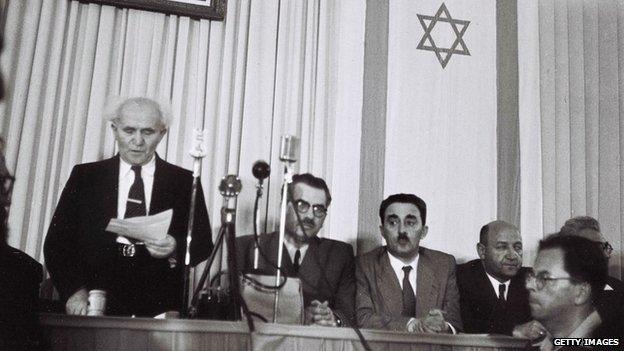 David Ben-Gurion announcing creation of state of Israel, in May 1948