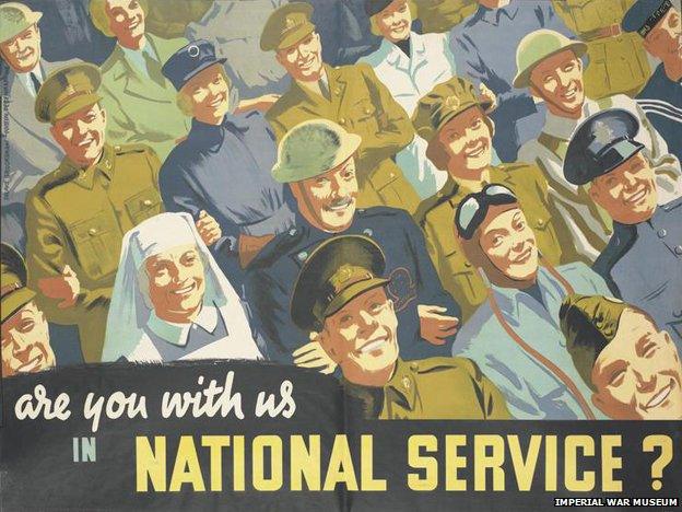 National service poster from WW2: "Are you with us in national service?"