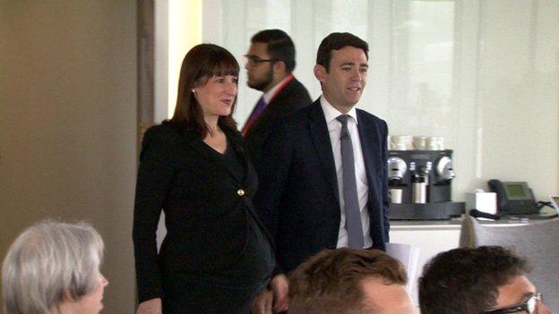 Andy Burnham accompanied by shadow work and pensions secretary Rachel Reeves