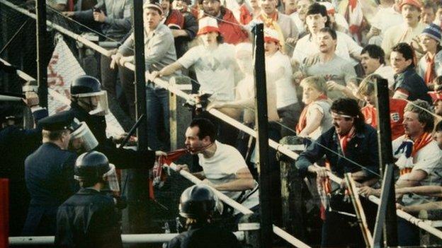 Police and Liverpool fans at Heysel