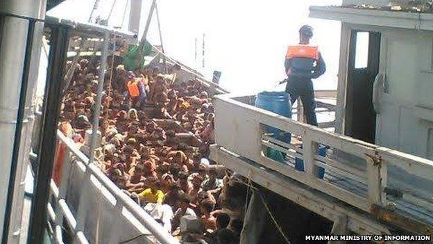 Image of a migrant boat Myanmar says it picked up on 29 May 2015, published on Myanmar's Ministry of Information Facebook page