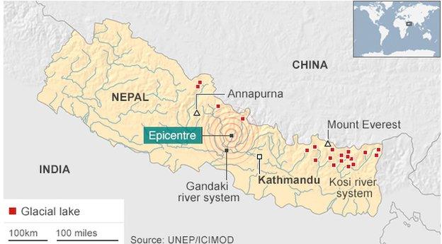 Map showing glacial lakes in Nepal