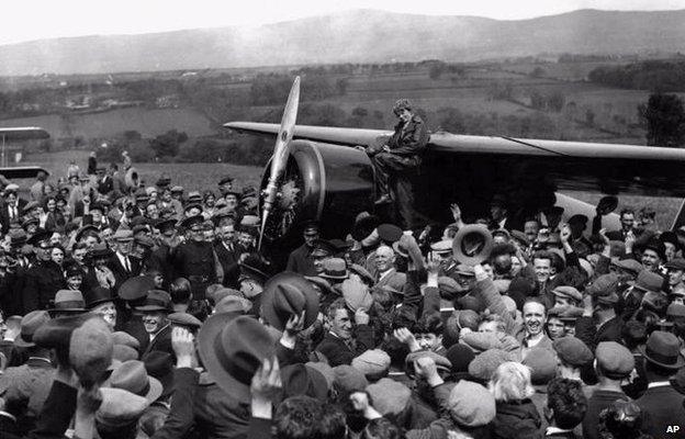 Amelia Earhart, pictured leaving Derry to fly on to London after her surprise visit