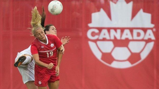 Canada's Adrianna Leon (front) and England's Claire Rafferty compete for the ball in Hamilton