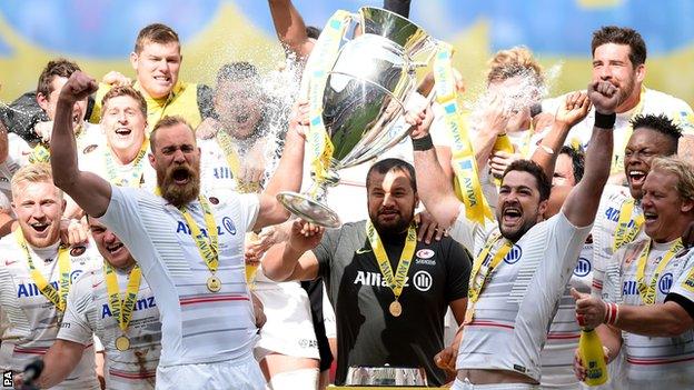 Saracens lift the Premiership trophy