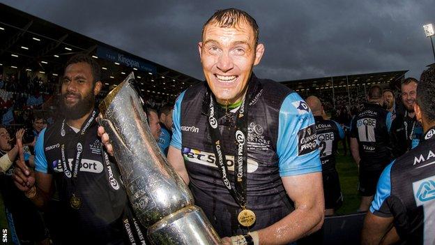 Glasgow Warriors' Al Kellock celebrates at full time, his last game for the club