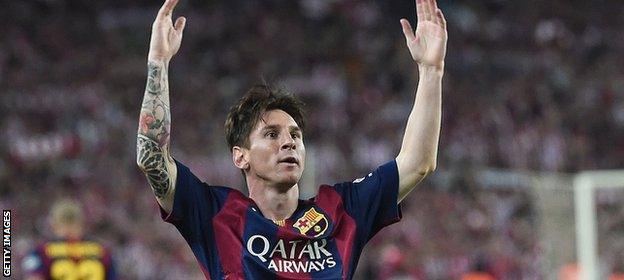 Lionel Messi scores against Athletic Bilbao in Copa Del Rey Final