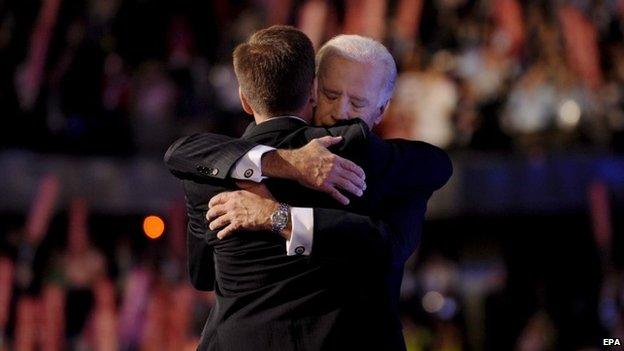 Joe Biden hugs his son on stage in August 2008