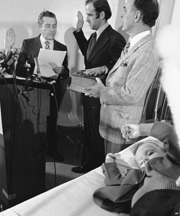 Joe Biden takes oath of office as senator for Delaware by his son Beau's hospital bed in 1973