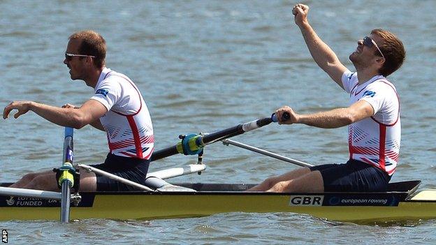 Peter Chambers and Joel Cassells celebrate after winning the European Lightweight pair title in Poland