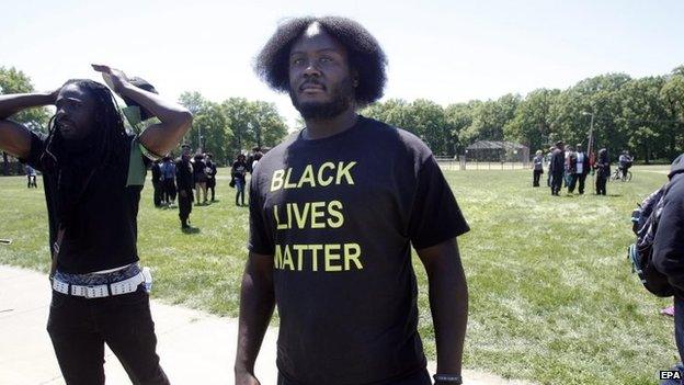 A man participates in a demonstration in Cleveland, Ohio, on 23 May 2015