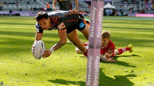 Denny Solomona goes over for Castleford's opening score in Sunday's final match of Magic Weekend at St James' Park