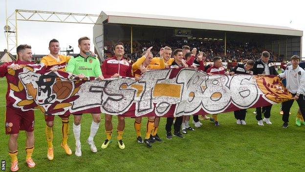 Motherwell players celebrated with fans after they secured their Scottish premiership safety