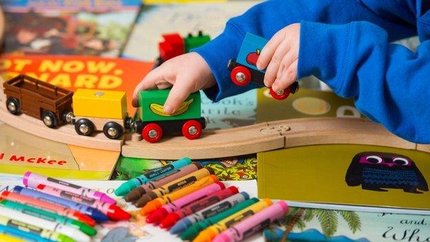 Child playing with a toy train