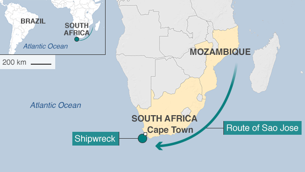 map showing route of ship