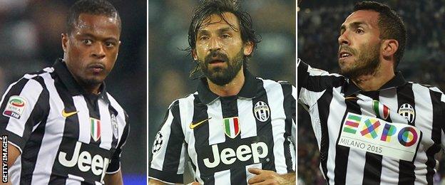 Patrice Evra, Andrea Pirlo and Carlos Tevez