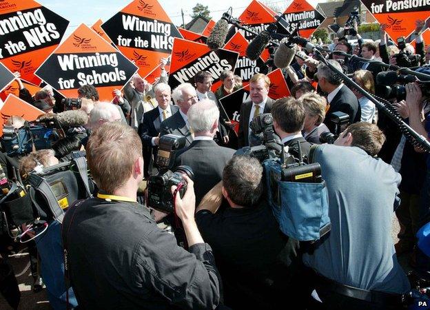 Liberal Democrat leader Charles Kennedy surrounded by media and at the Waterside Centre, 2005