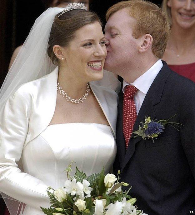 Charles Kennedy kissing his bride Sarah Gurling, 2002