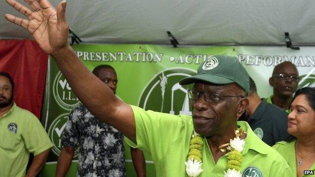 Former FIFA vice-president Jack Warner, appearing jubilant at a political meeting held by the ILP after his release on bail from prison on 29 May 2015