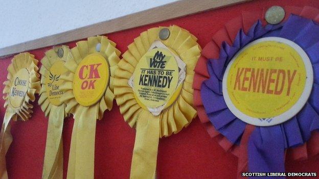 A selection of Charlie Kennedy's campaign rosettes