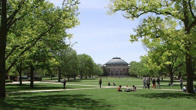 the main quad at UIUC on a sunny day